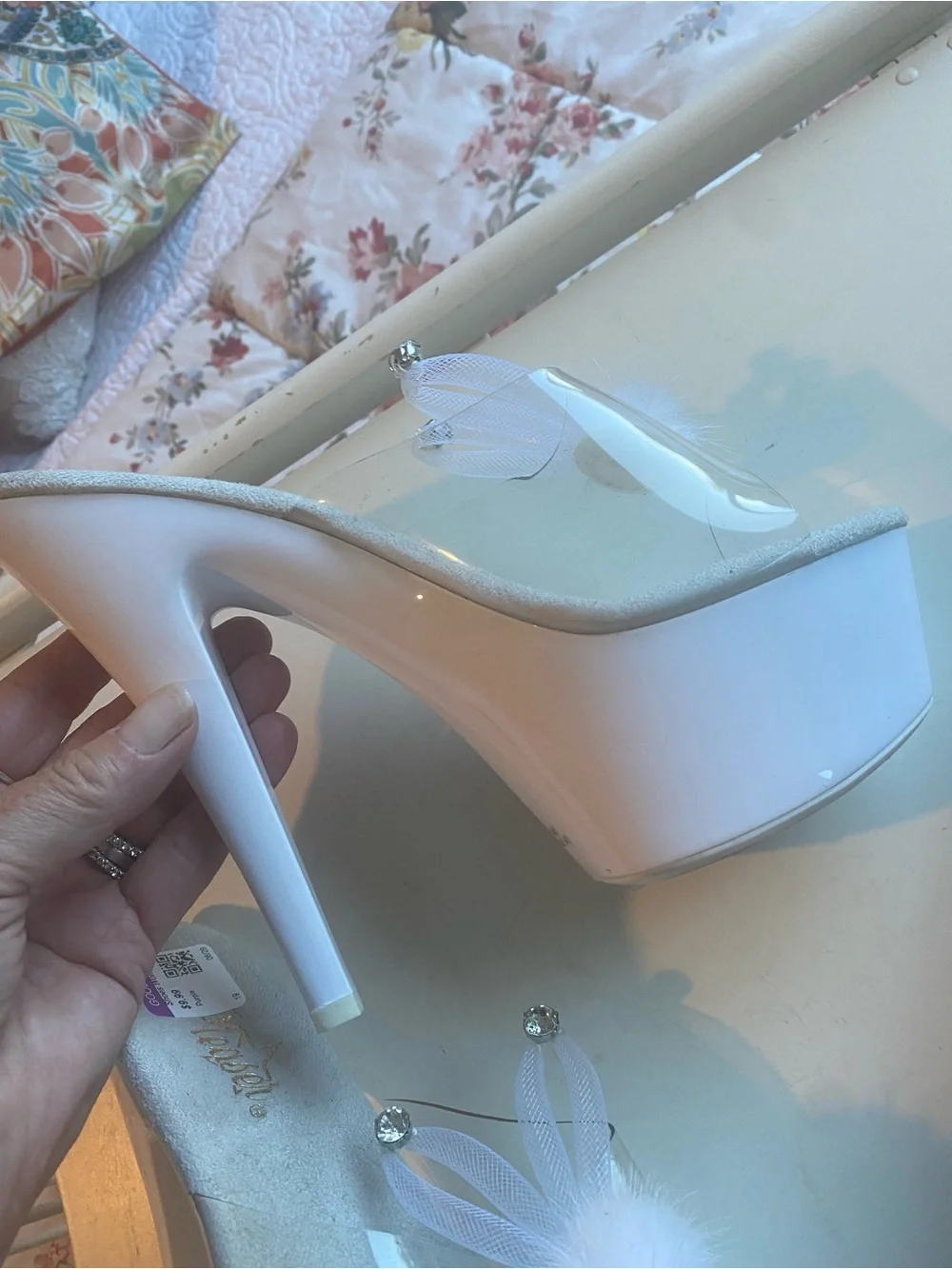 PLEASER  Kiss 201BUNNY  Platform Slides , Stiletto Heels, Rhinestone , White , 8